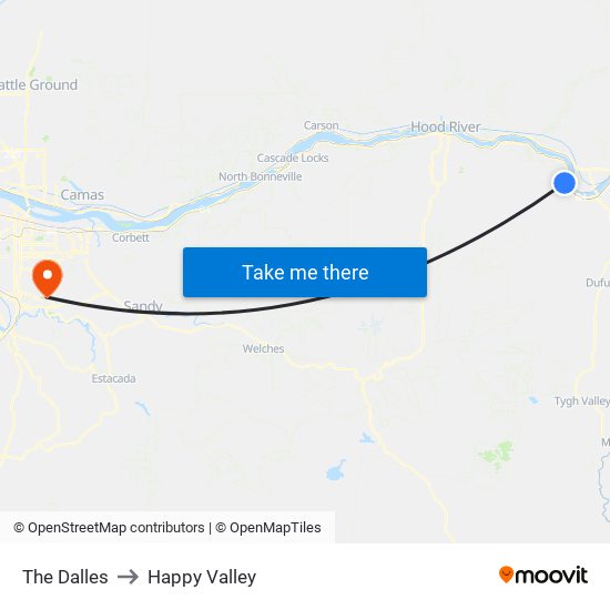 The Dalles to Happy Valley map