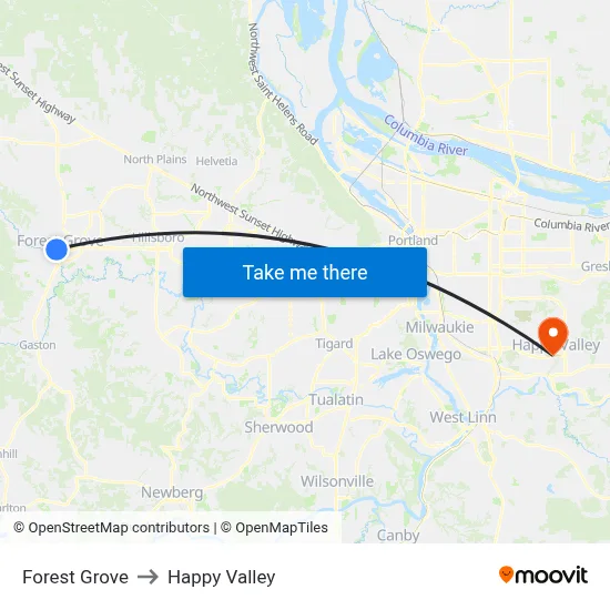 Forest Grove to Happy Valley map