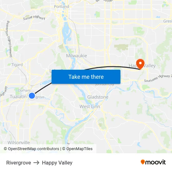Rivergrove to Happy Valley map