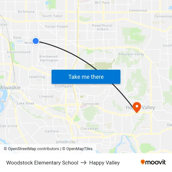 Woodstock Elementary School to Happy Valley map
