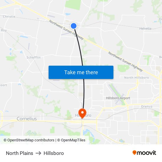 North Plains to Hillsboro map