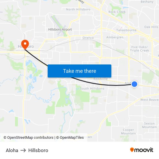 Aloha to Hillsboro map
