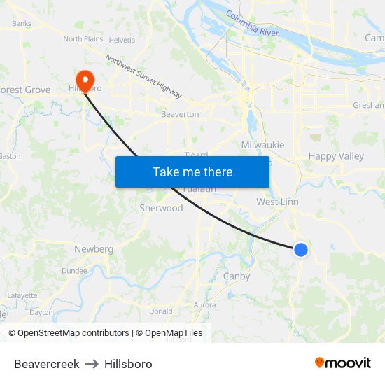 Beavercreek to Hillsboro map