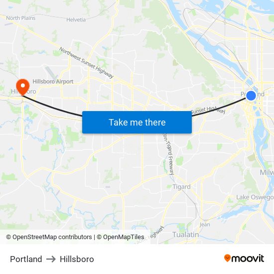 Portland to Hillsboro map