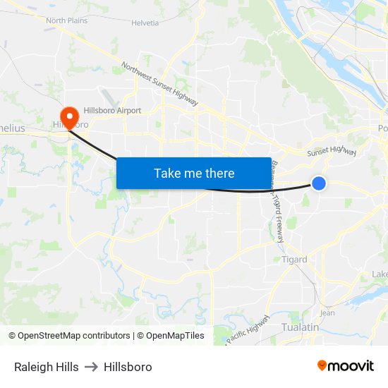 Raleigh Hills to Hillsboro map