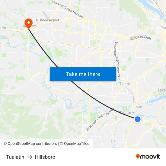Tualatin to Hillsboro map