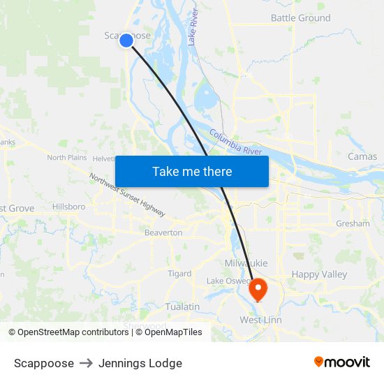 Scappoose to Jennings Lodge map