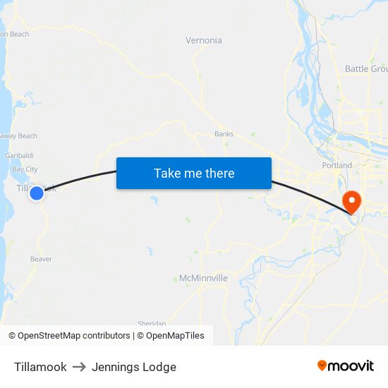 Tillamook to Jennings Lodge map