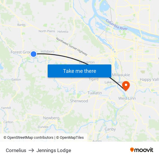 Cornelius to Jennings Lodge map
