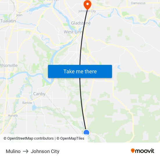 Mulino to Johnson City map