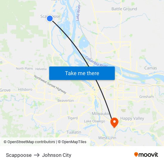 Scappoose to Johnson City map