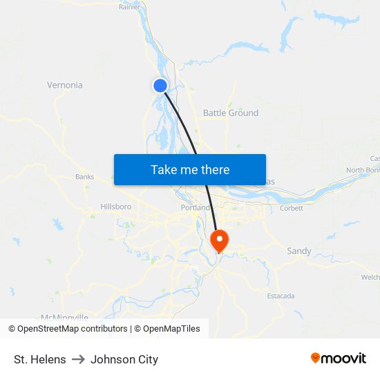 St. Helens to Johnson City map