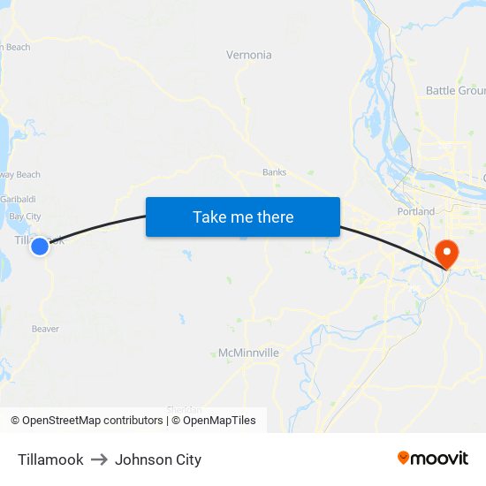 Tillamook to Johnson City map