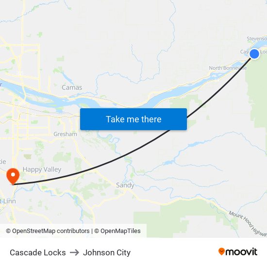 Cascade Locks to Johnson City map