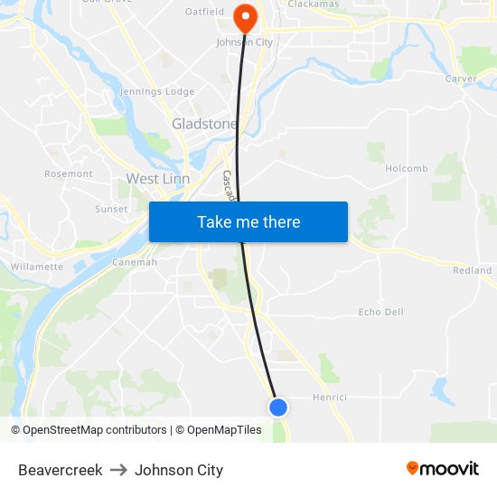 Beavercreek to Johnson City map