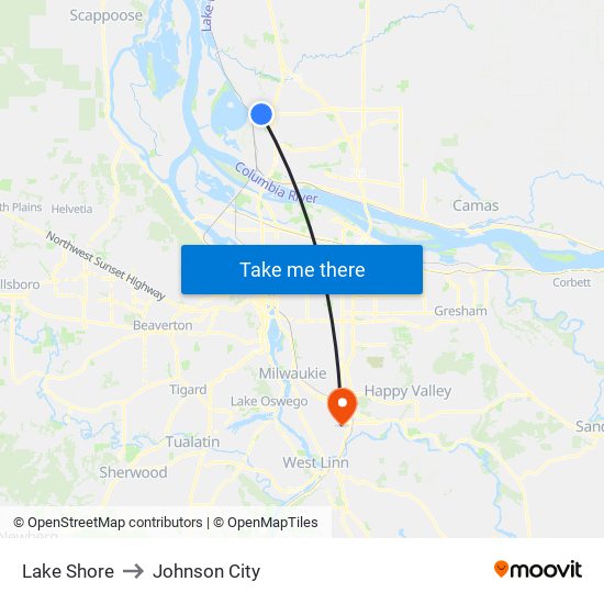 Lake Shore to Johnson City map