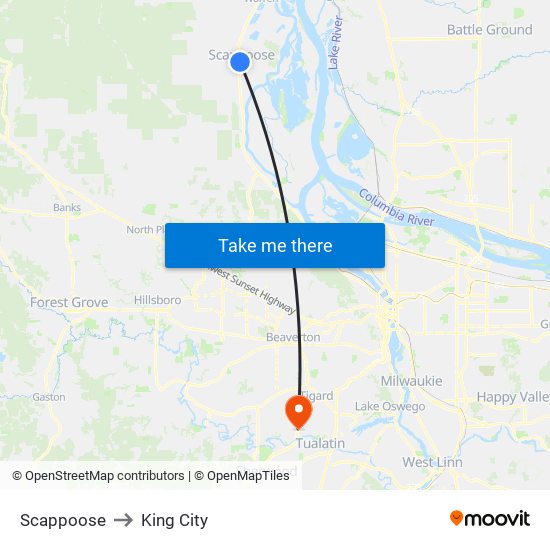 Scappoose to King City map