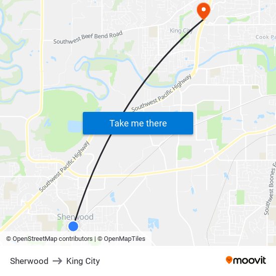 Sherwood to King City map