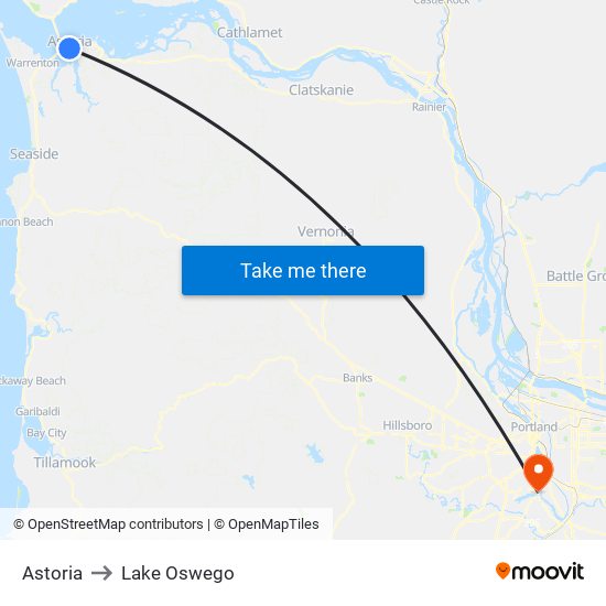 Astoria to Lake Oswego map