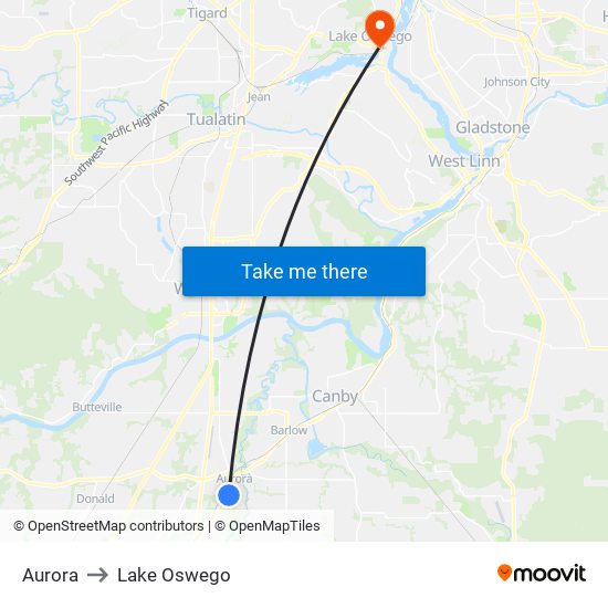 Aurora to Lake Oswego map