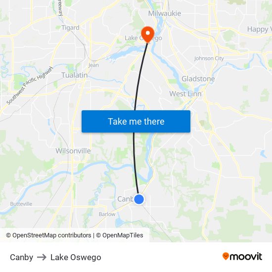 Canby to Lake Oswego map