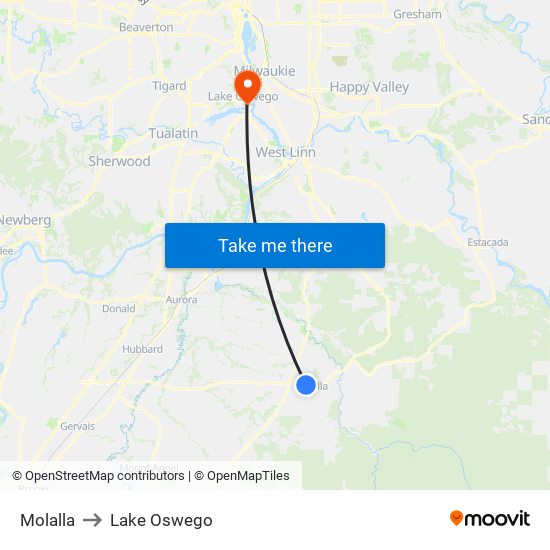 Molalla to Lake Oswego map