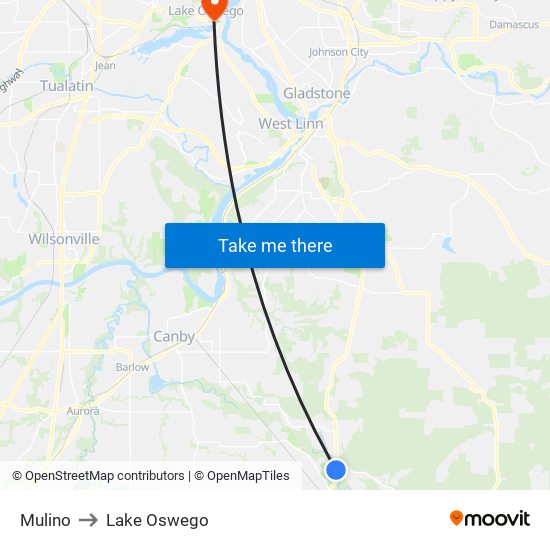 Mulino to Lake Oswego map