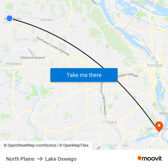North Plains to Lake Oswego map