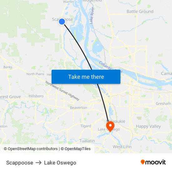 Scappoose to Lake Oswego map