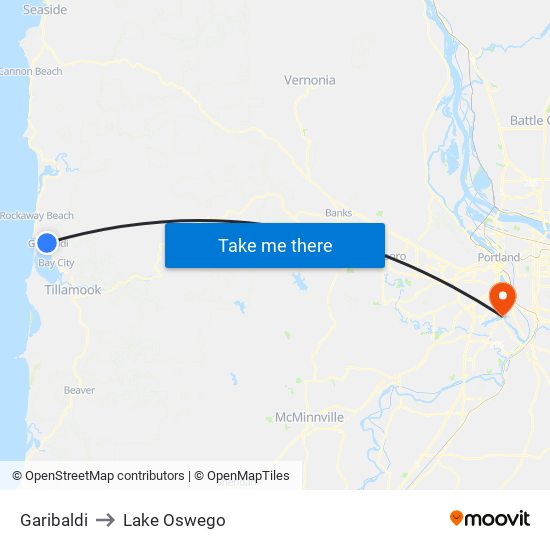 Garibaldi to Lake Oswego map