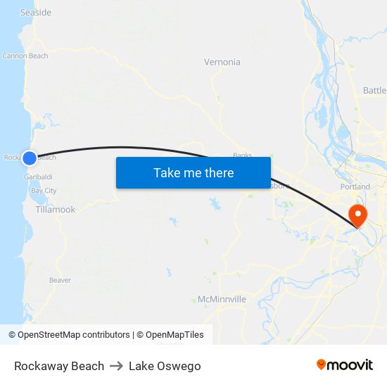 Rockaway Beach to Lake Oswego map