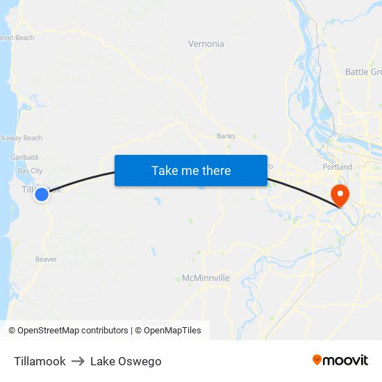 Tillamook to Lake Oswego map