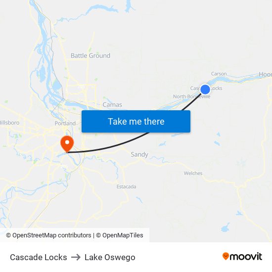 Cascade Locks to Lake Oswego map