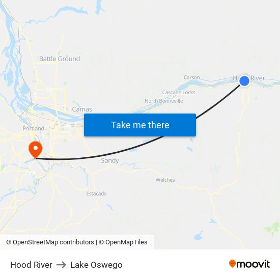 Hood River to Lake Oswego map