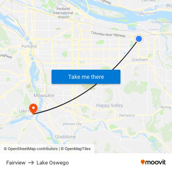 Fairview to Lake Oswego map