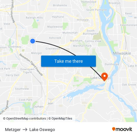 Metzger to Lake Oswego map