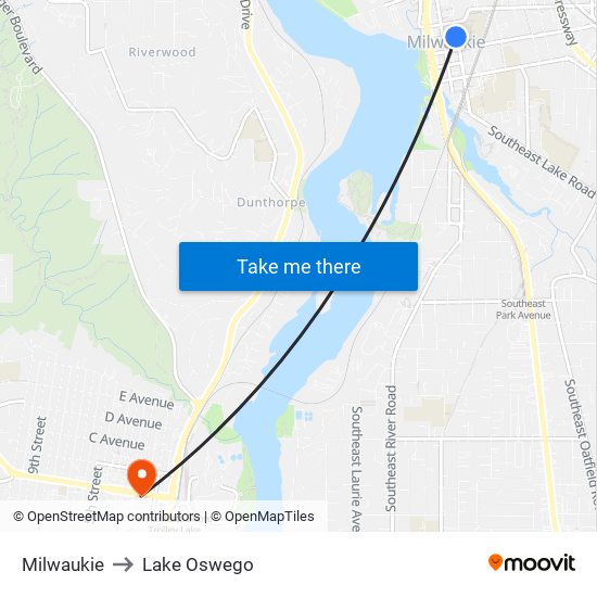 Milwaukie to Lake Oswego map