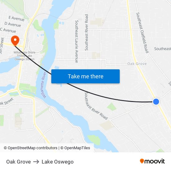 Oak Grove to Lake Oswego map