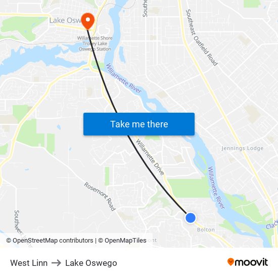 West Linn to Lake Oswego map