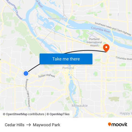 Cedar Hills to Maywood Park map