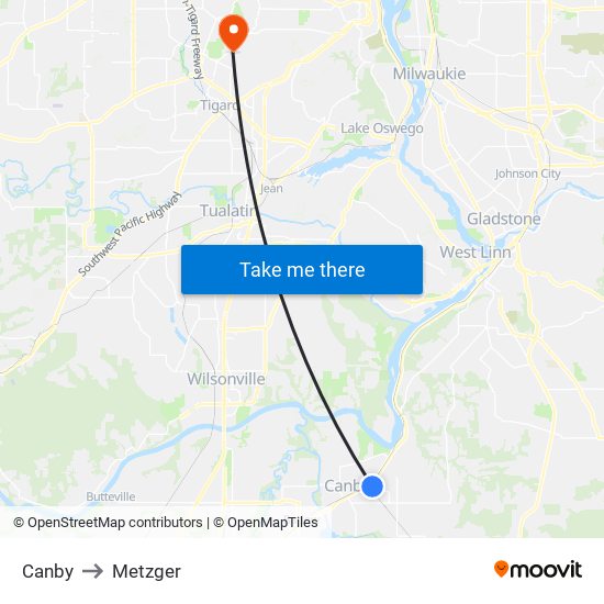 Canby to Metzger map