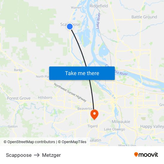 Scappoose to Metzger map