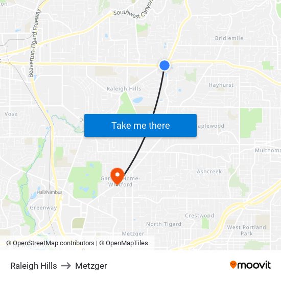 Raleigh Hills to Metzger map