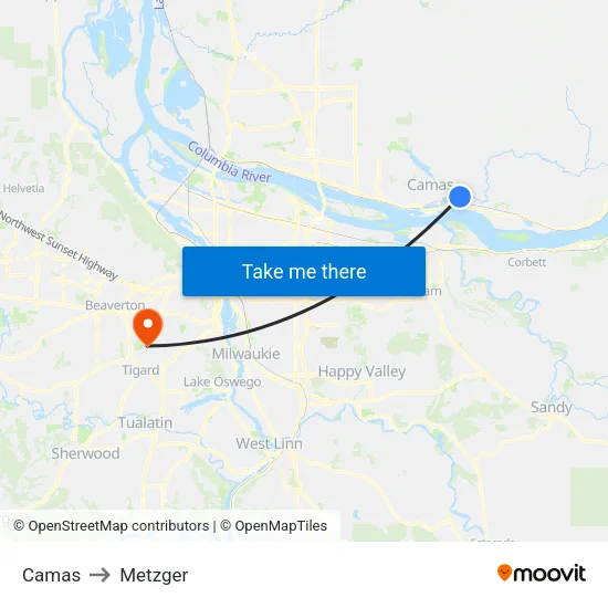 Camas to Metzger map