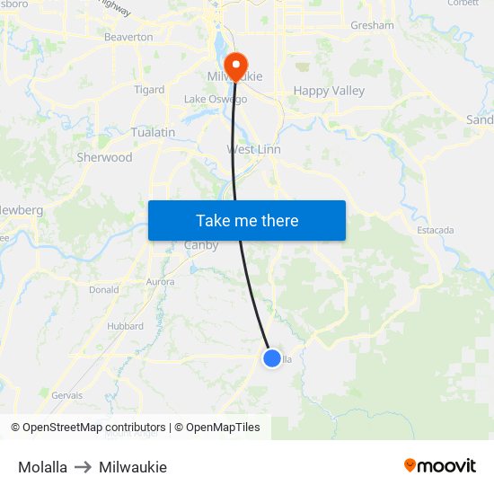 Molalla to Milwaukie map