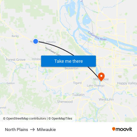 North Plains to Milwaukie map