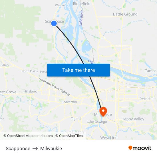 Scappoose to Milwaukie map