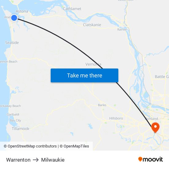 Warrenton to Milwaukie map