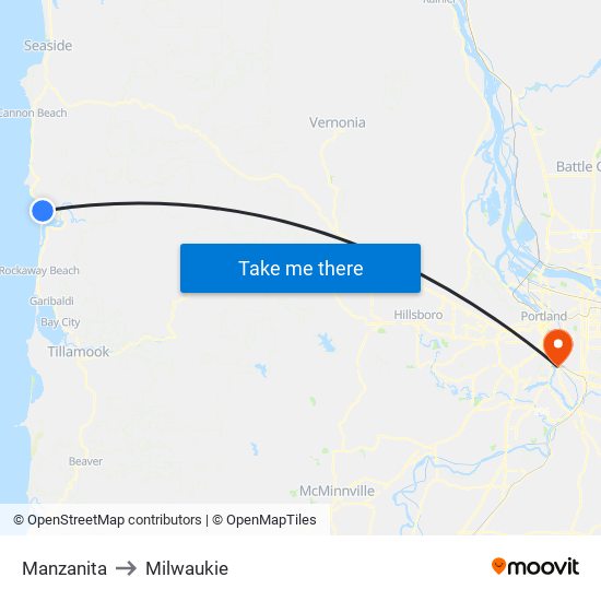 Manzanita to Milwaukie map