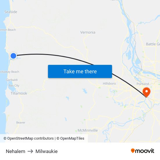 Nehalem to Milwaukie map